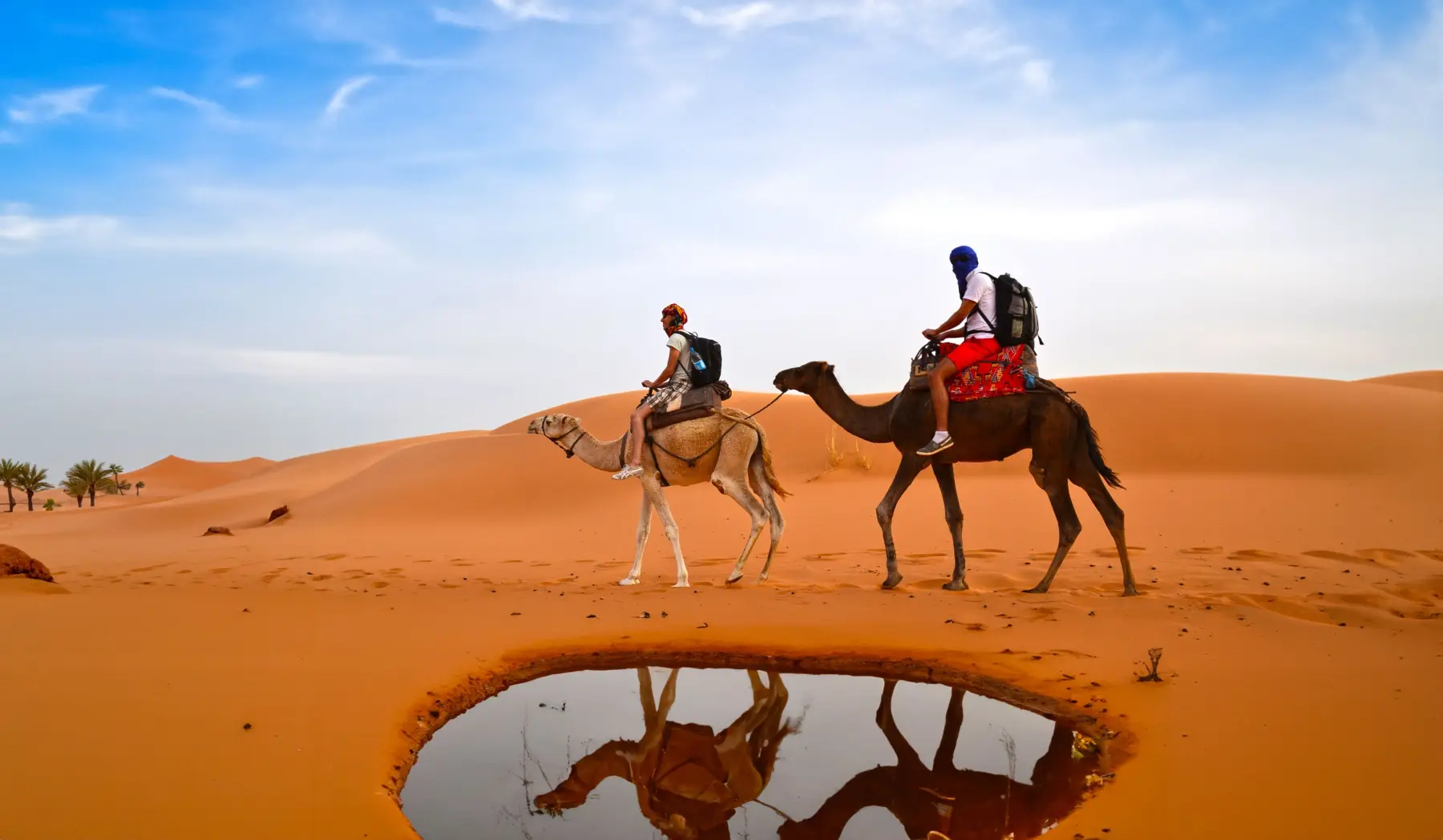 Two travellers riding camels across the dunes, reflected in a pool